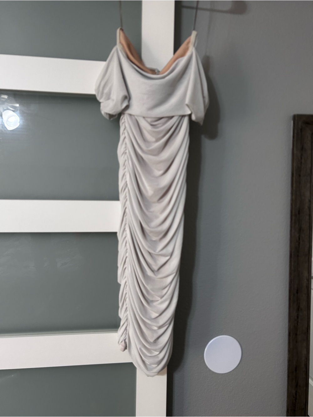 Draped Off-Shoulder Ruched Women’s Dress - Light Gray